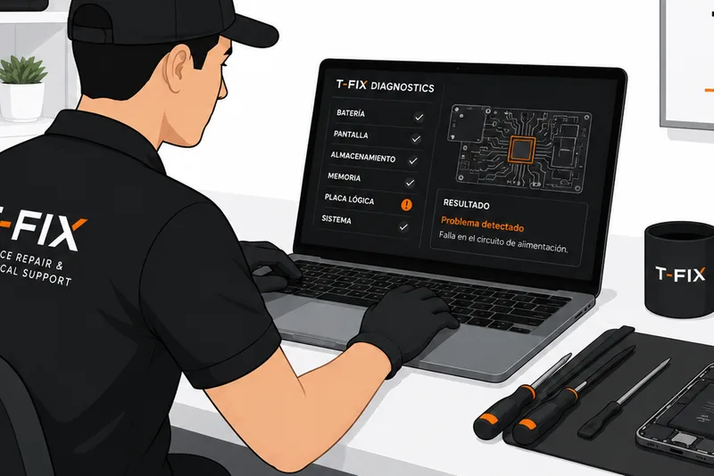 Un técnico de T-FIX revisa una MacBook con un panel de diagnóstico en pantalla.