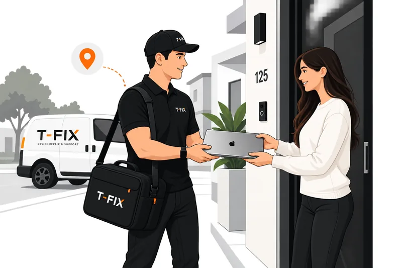 Un técnico de T-FIX recibe una MacBook en la puerta de una casa, con la furgoneta de T-FIX detrás.