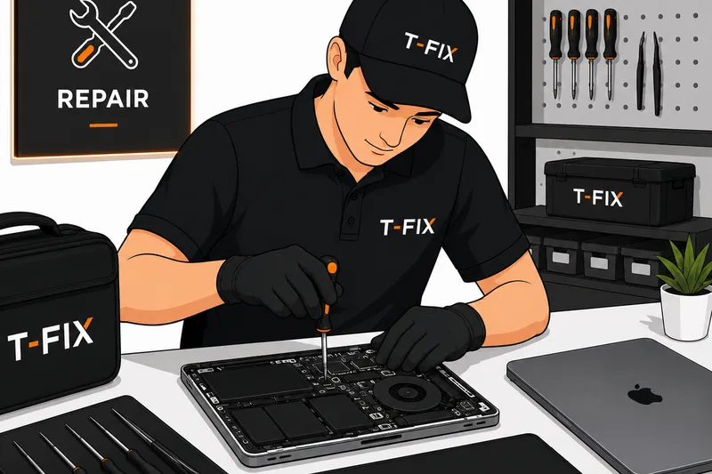 Un técnico de T-FIX trabajando con destornillador sobre una MacBook abierta en el banco de taller.