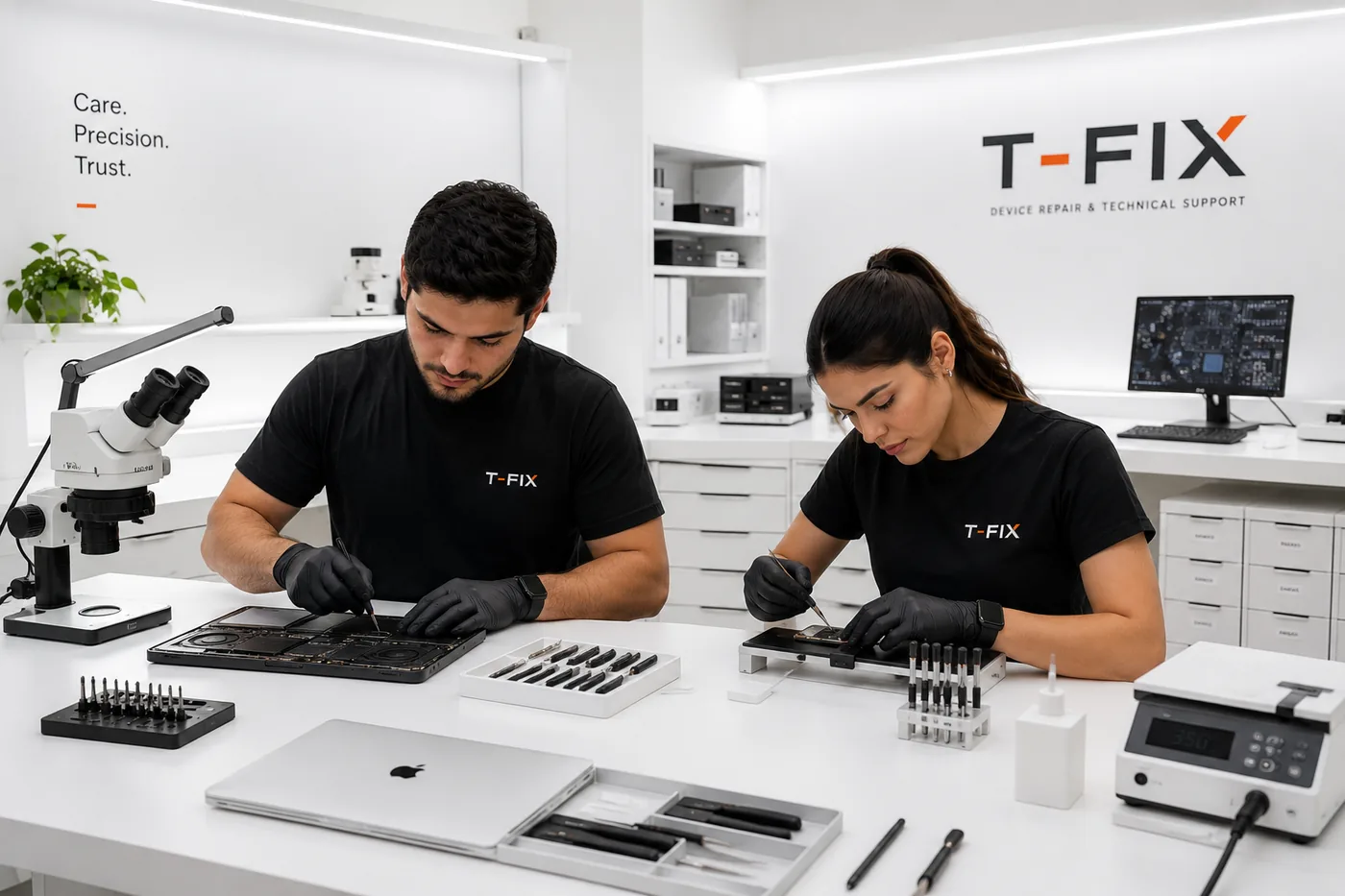 Dos técnicos de T-FIX trabajando en un banco de taller, uno sobre una MacBook abierta y otra sobre un iPhone, con microscopio y estación de soldadura.
